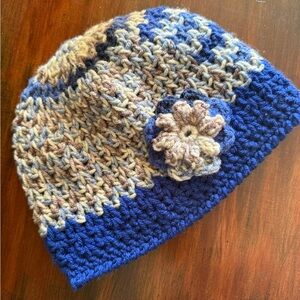 Handmade Crochet Beanie with 3D Floral Appliqué – Blue & Tan Variegated